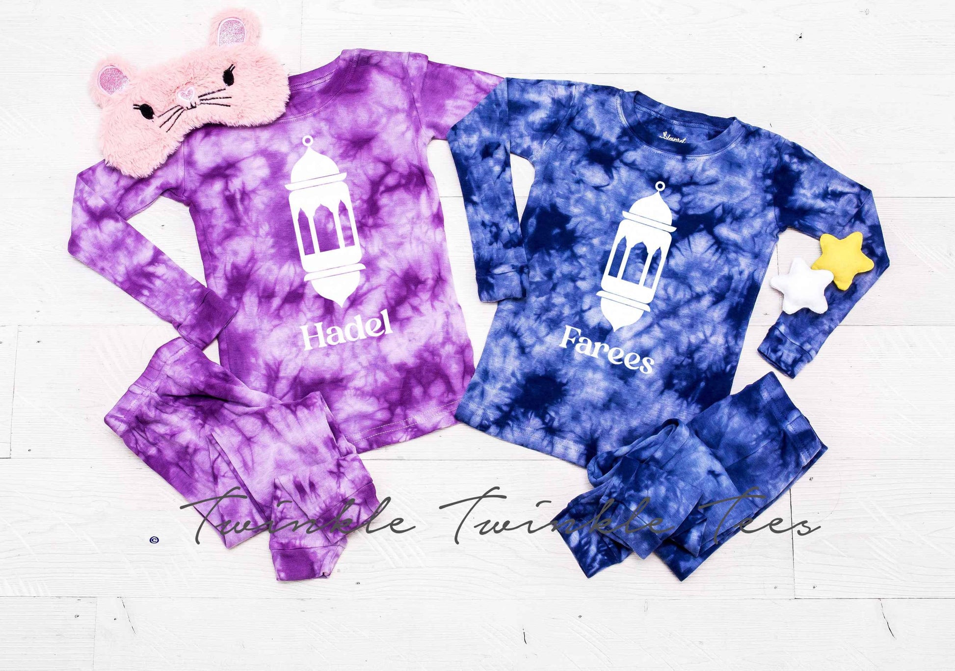 Personalized Lantern Pajamas, Purple or Blue Tie Dye Pajamas, eid pajamas for the family, matching ramadan pajamas