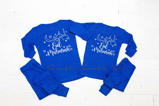 Eid Mubarak version 4 Solid Blue Pajamas - Baby Eid Pajamas - Eid Mubarak - Eid Gifts