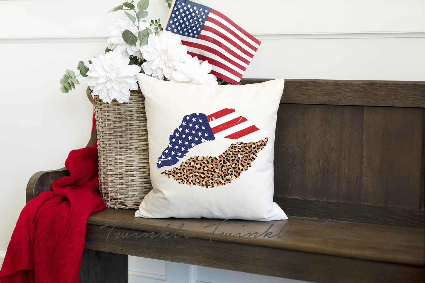 Flag Leopard Print Lips Beige 16 x 16 Throw Pillow, 4th of July Home Decor, Independence Day Home Decor