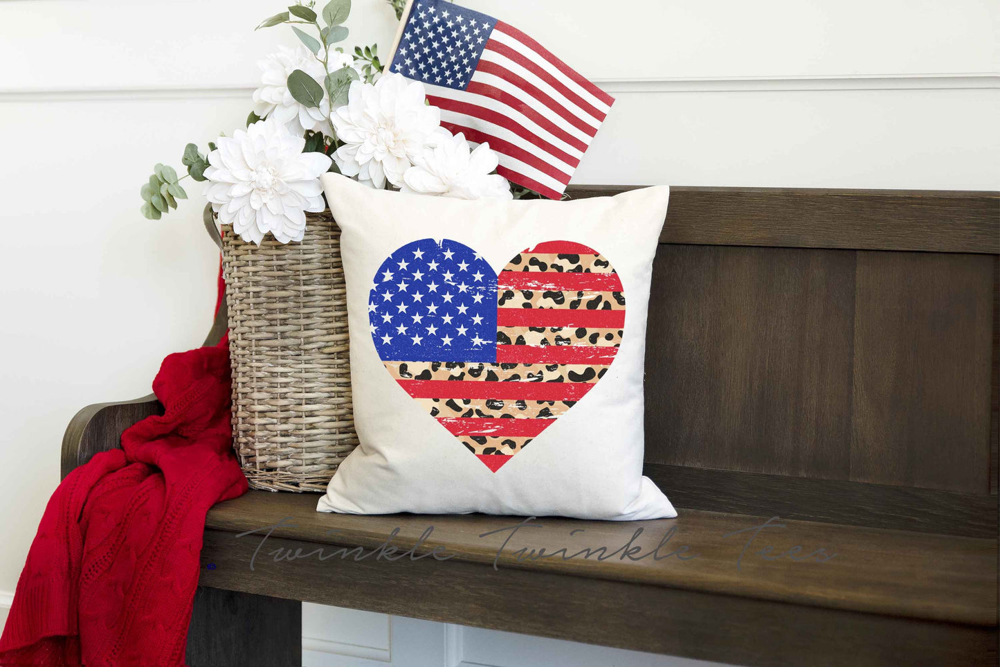 Flag Heart Leopard Print Beige 16 x 16 Throw Pillow, 4th of July Home Decor, Independence Day Home Decor