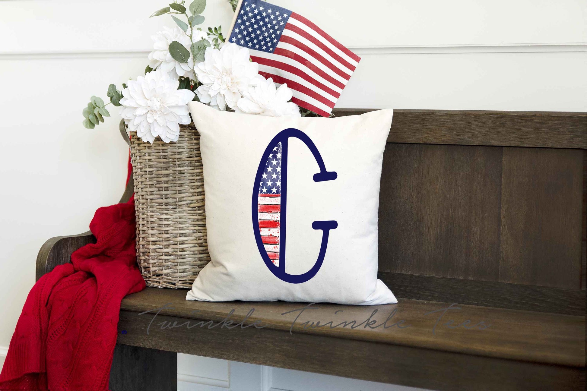 Single Letter Monogram 16 x 16 Throw Pillow, 4th of July Home Decor, Independence Day Home Decor