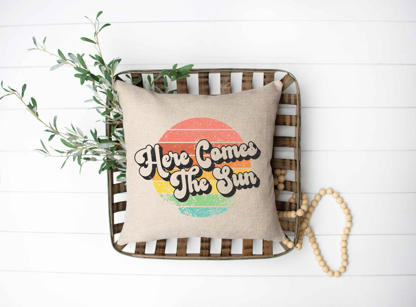 Here Comes the Sun Beige 16 x 16 Throw Pillow, Summer Home Decor
