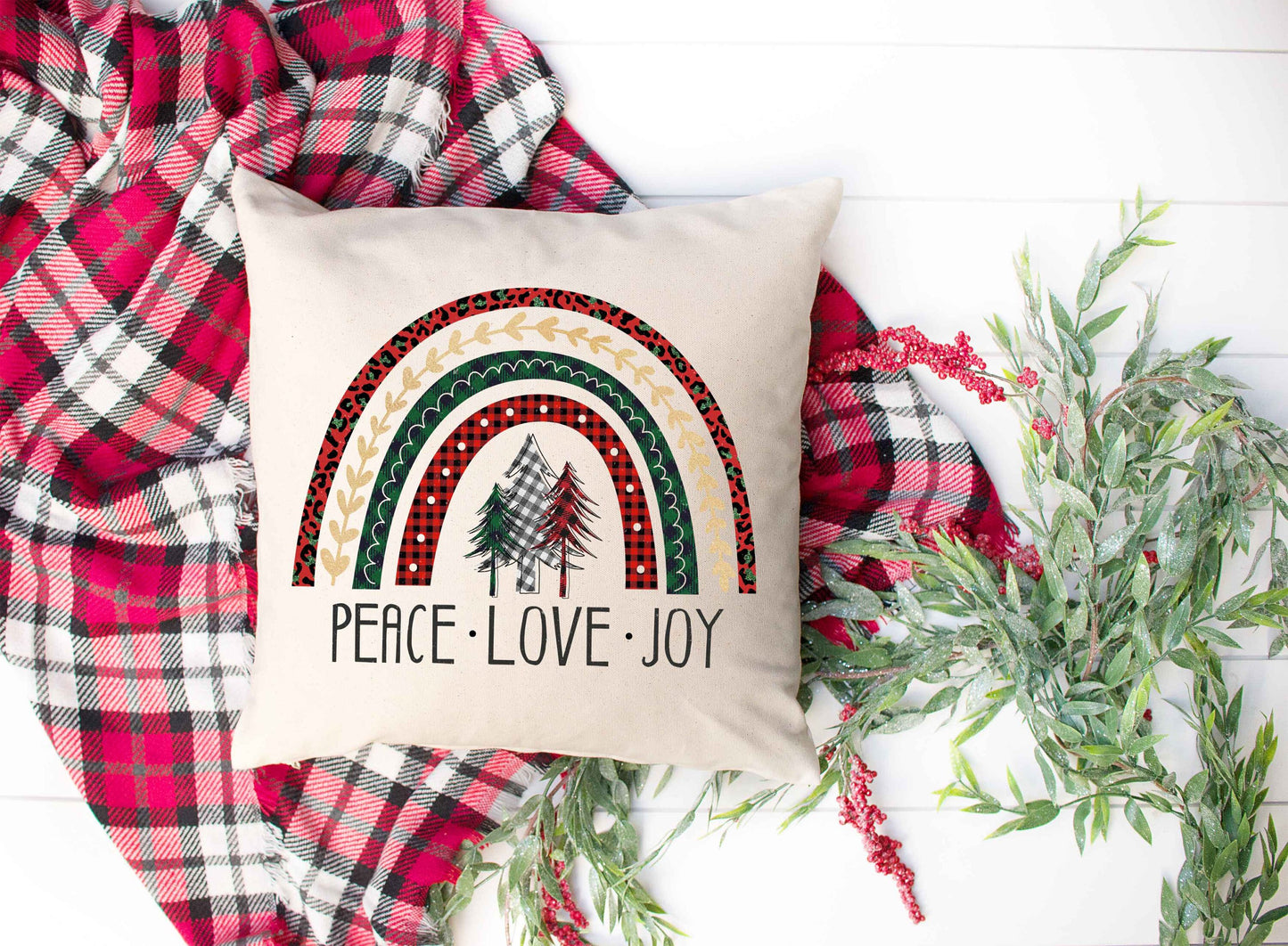 Peace Love Joy Rainbow Beige 16 x 16 Throw Pillow, Christmas Home Decor