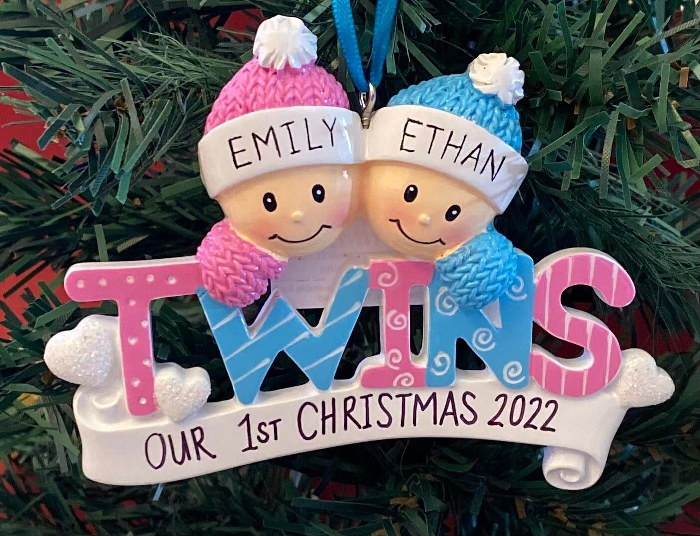 Twins Hand lettered personalized Christmas Ornament, Boy Girl Twins, Boy Twins, Girl Twins