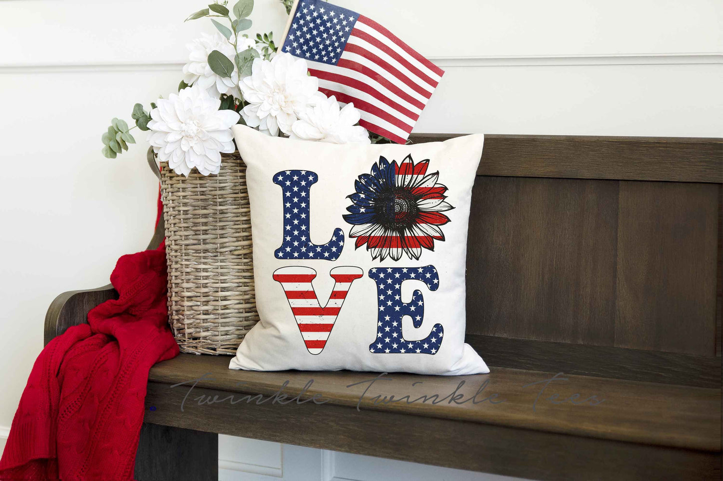 American Flag Daisy Love 16 x 16 Throw Pillow, 4th of July Home Decor, Independence Day Home Decor