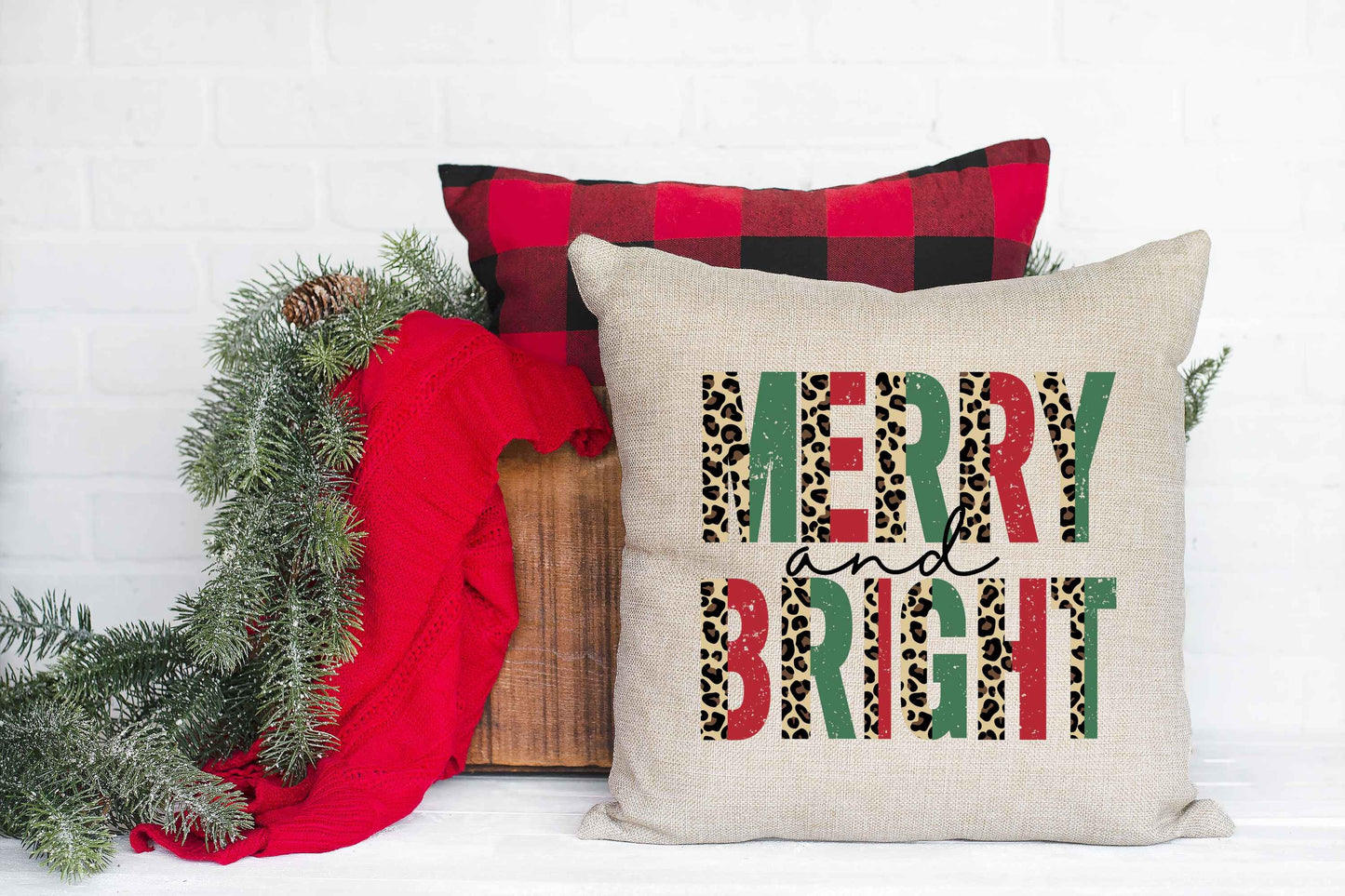 Merry and Bright Beige 16 x 16 Throw Pillow, Christmas Home Decor