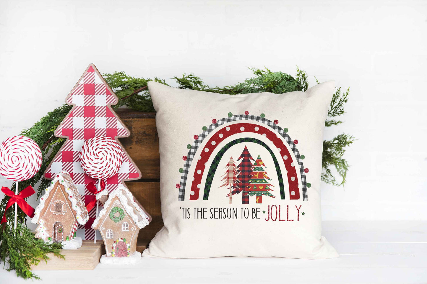 Tis the Season to be Jolly Rainbow Beige 16 x 16 Throw Pillow, Christmas Home Decor