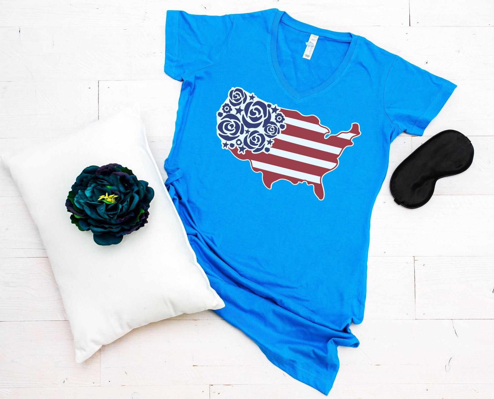 USA with Flowers V-neck Night Shirt - 4th of July Nightgown - long night shirt - women's pajamas - lounge shirt