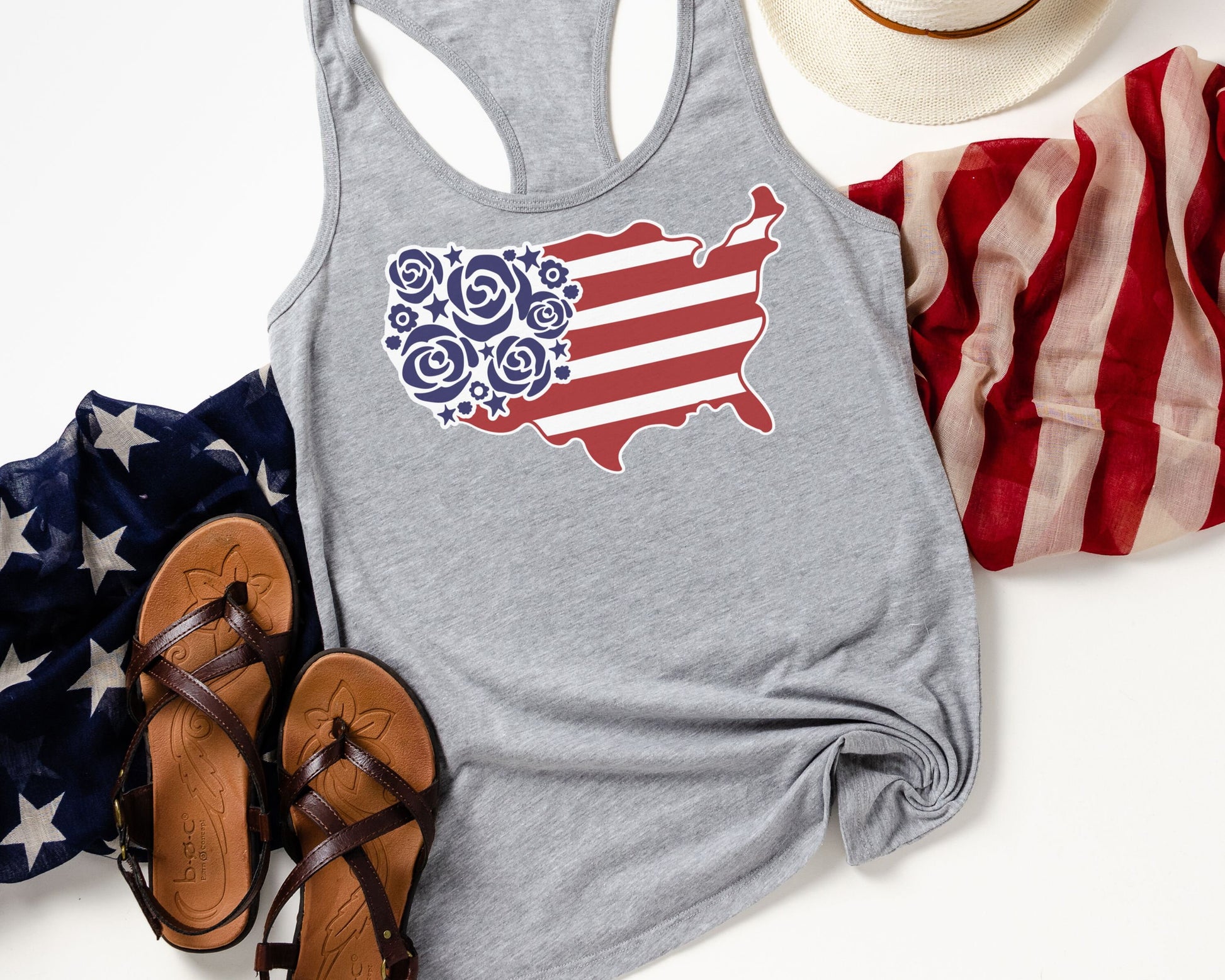 USA with flowers patriotic racerback tank • Women's 4th of July tank top