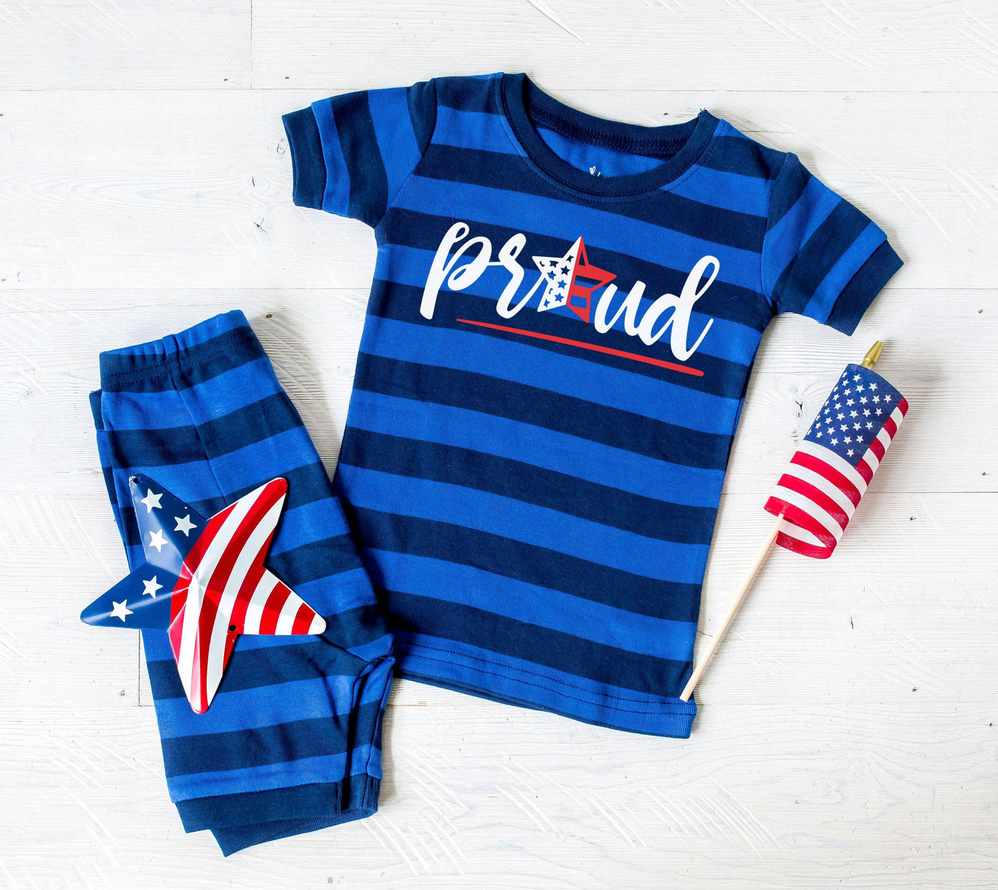 Proud American Flag Blue Striped Shorts Toddler and Kids Pajamas - Kids 4th of July Pajamas - 4th of July Toddler Pajamas Set