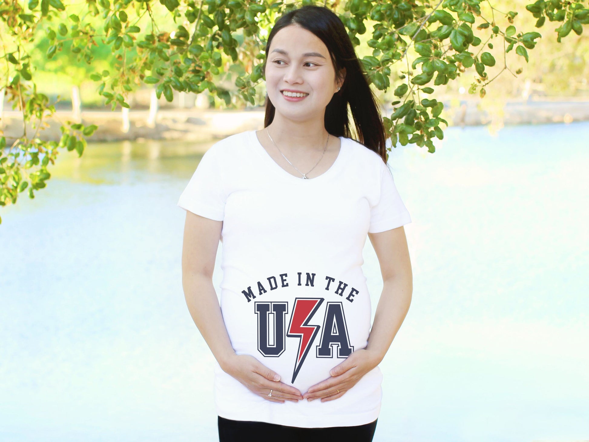 Made in the USA Maternity fit T-Shirt - maternity cut shirt with ruched sides - 4th of july pregnancy shirt