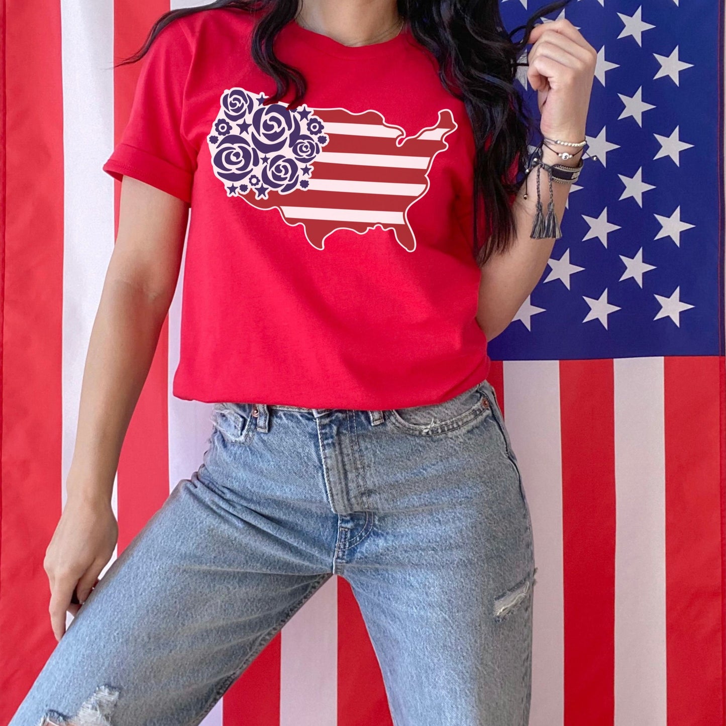 USA with Flowers 4th of July t-shirt • 4th of July Shirt