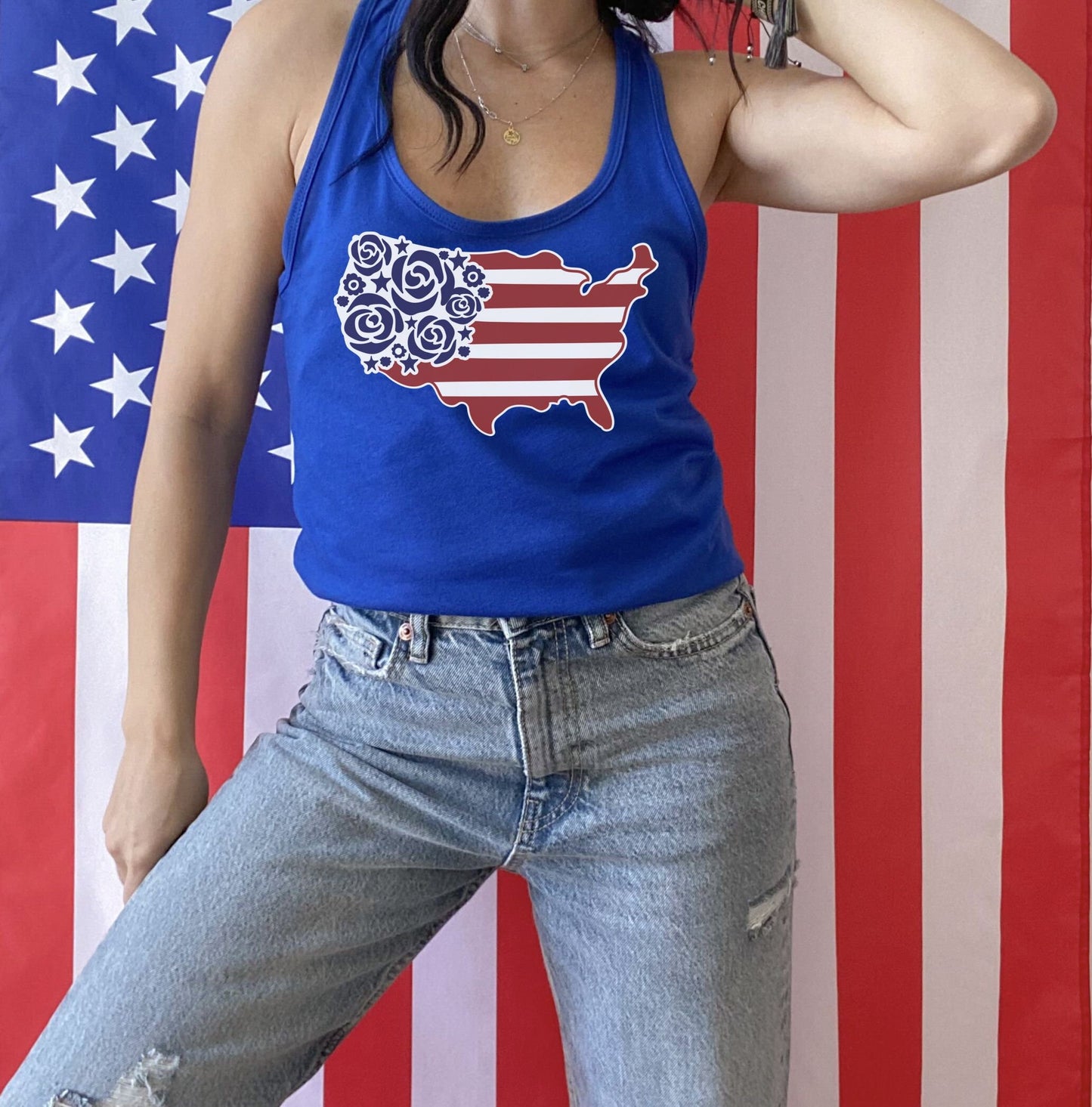 USA with flowers patriotic racerback tank • Women's 4th of July tank top