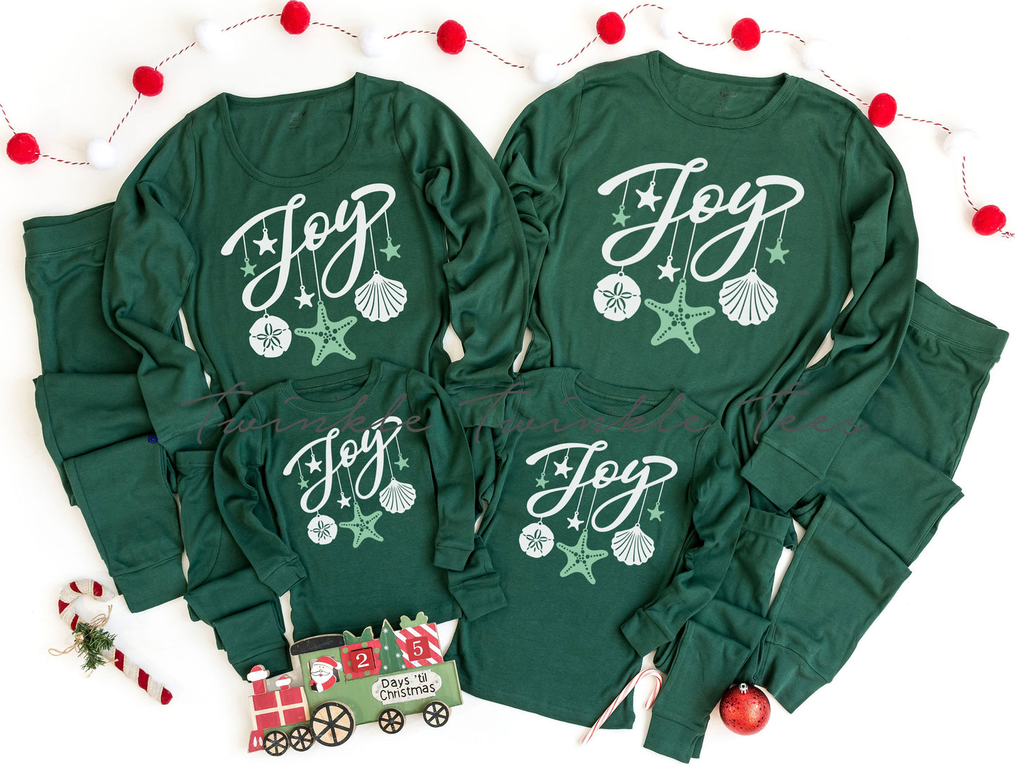 Joy Seashells Forest Green Christmas Pajamas - beach christmas - nautical christmas - coastal christmas
