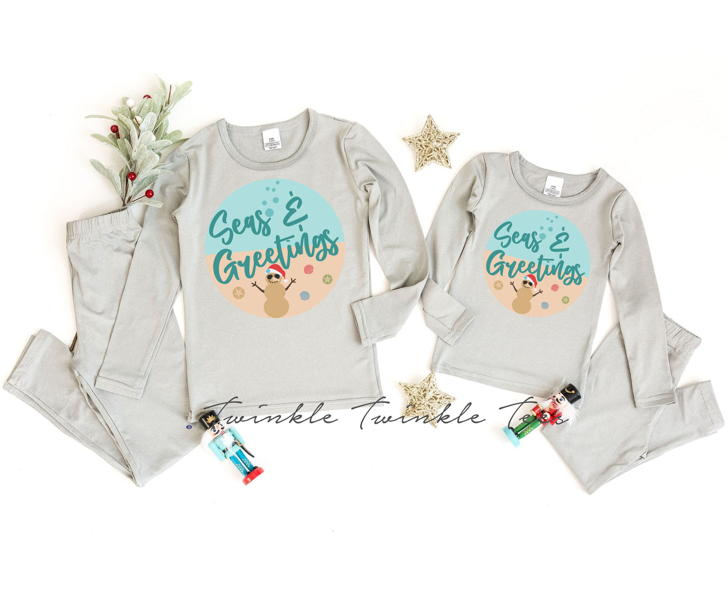 Seas and Greetings Grey Thermal Pajamas, christmas pajamas for the family, thermal pajamas, matching christmas pajamas