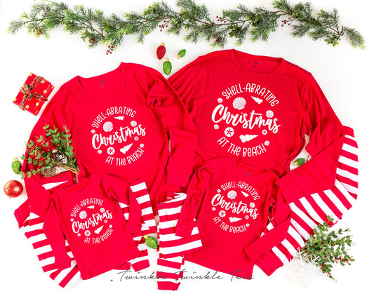 Shell-abrating Christmas at the Beach Red Top Striped Christmas Pajamas - beach christmas - nautical christmas - coastal christmas