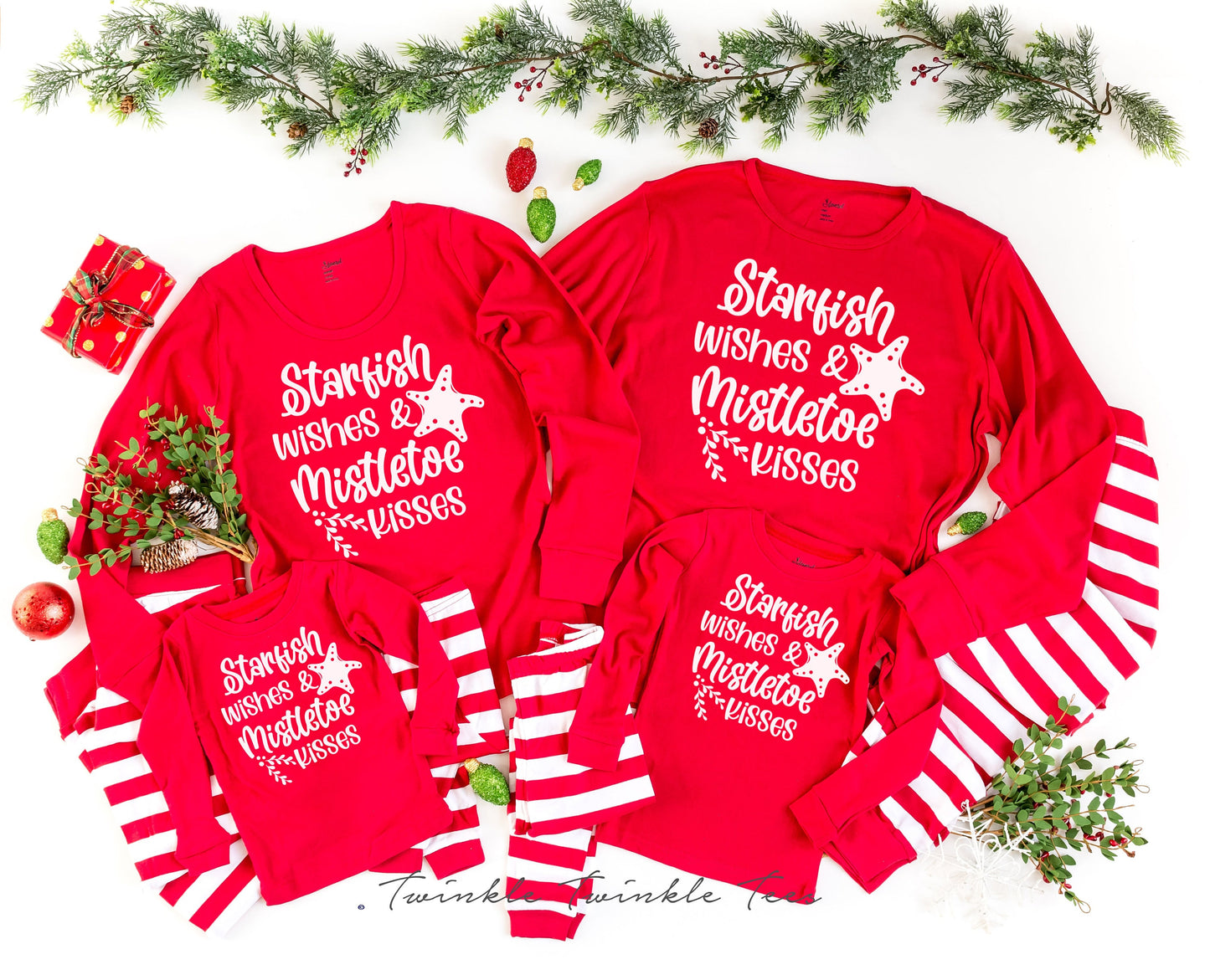 Starfish Wishes and Mistletoe Kisses Red Top Striped Christmas Pajamas - beach christmas - nautical christmas - coastal christmas