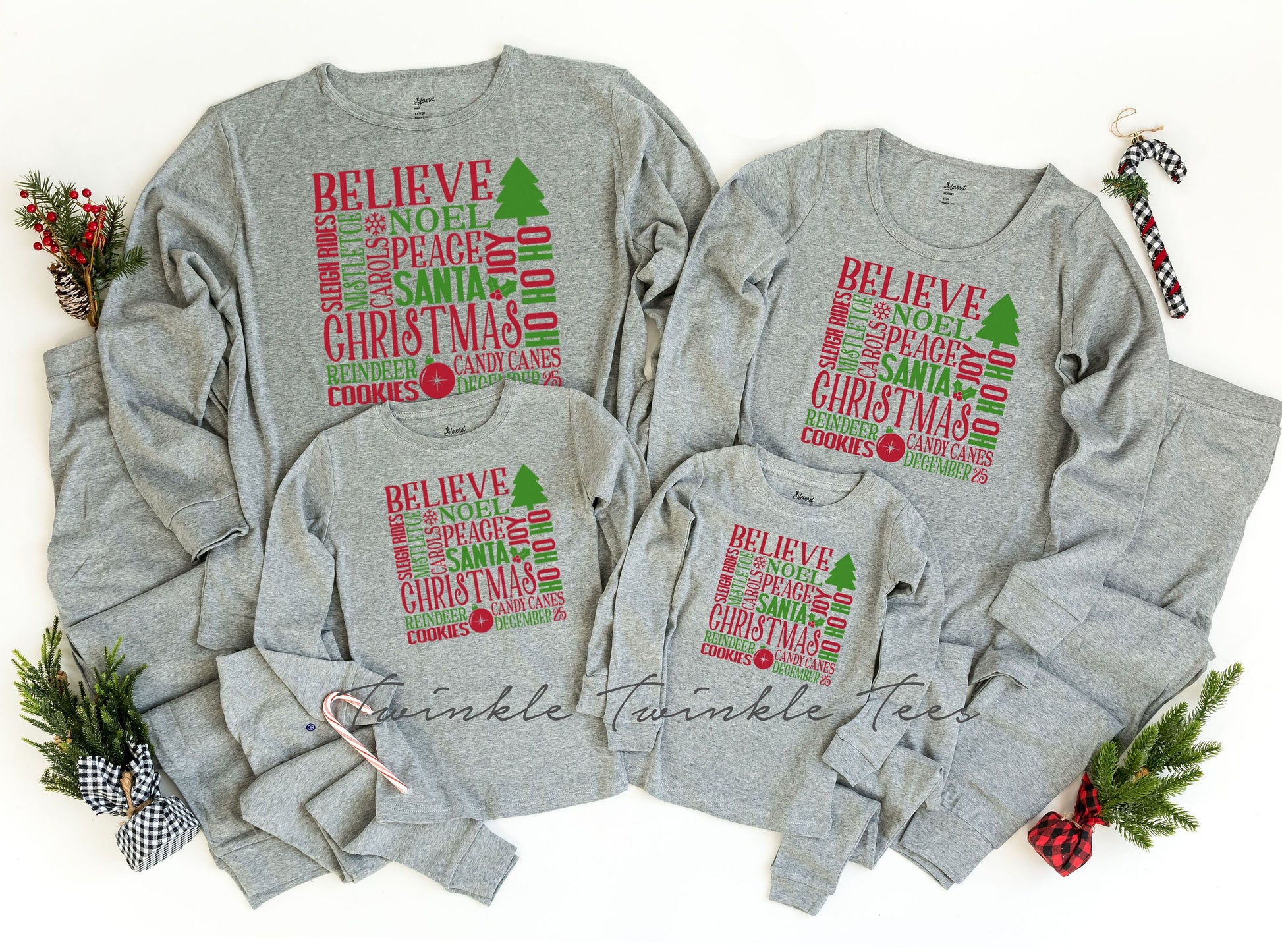 Christmas Subway Art Solid Light Grey Pajamas - adult and kids sizes - kids christmas pjs - women's christmas jammies - Family matching PJs