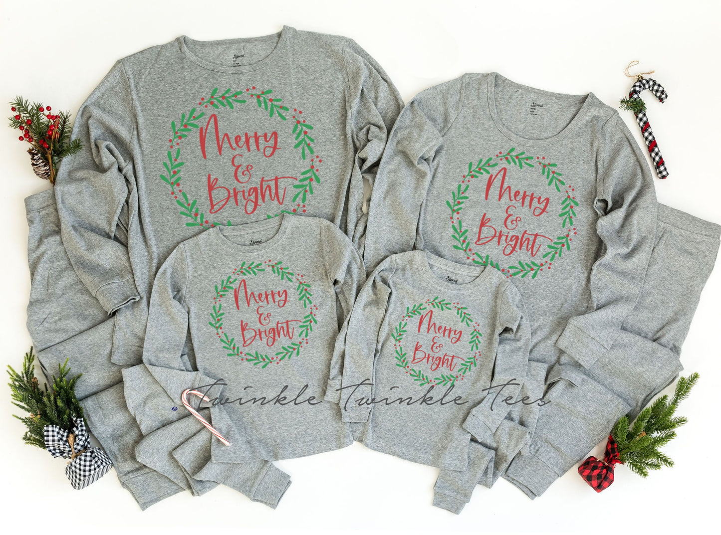 Merry and Bright Wreath Solid Light Grey Christmas Pajamas - adult and kids sizes - kids christmas pjs - Family matching PJs