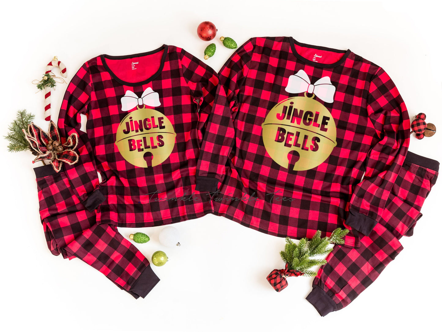 Jingle Bells Red Plaid Family Christmas Pajamas - women's christmas jammies - matching family christmas pjs