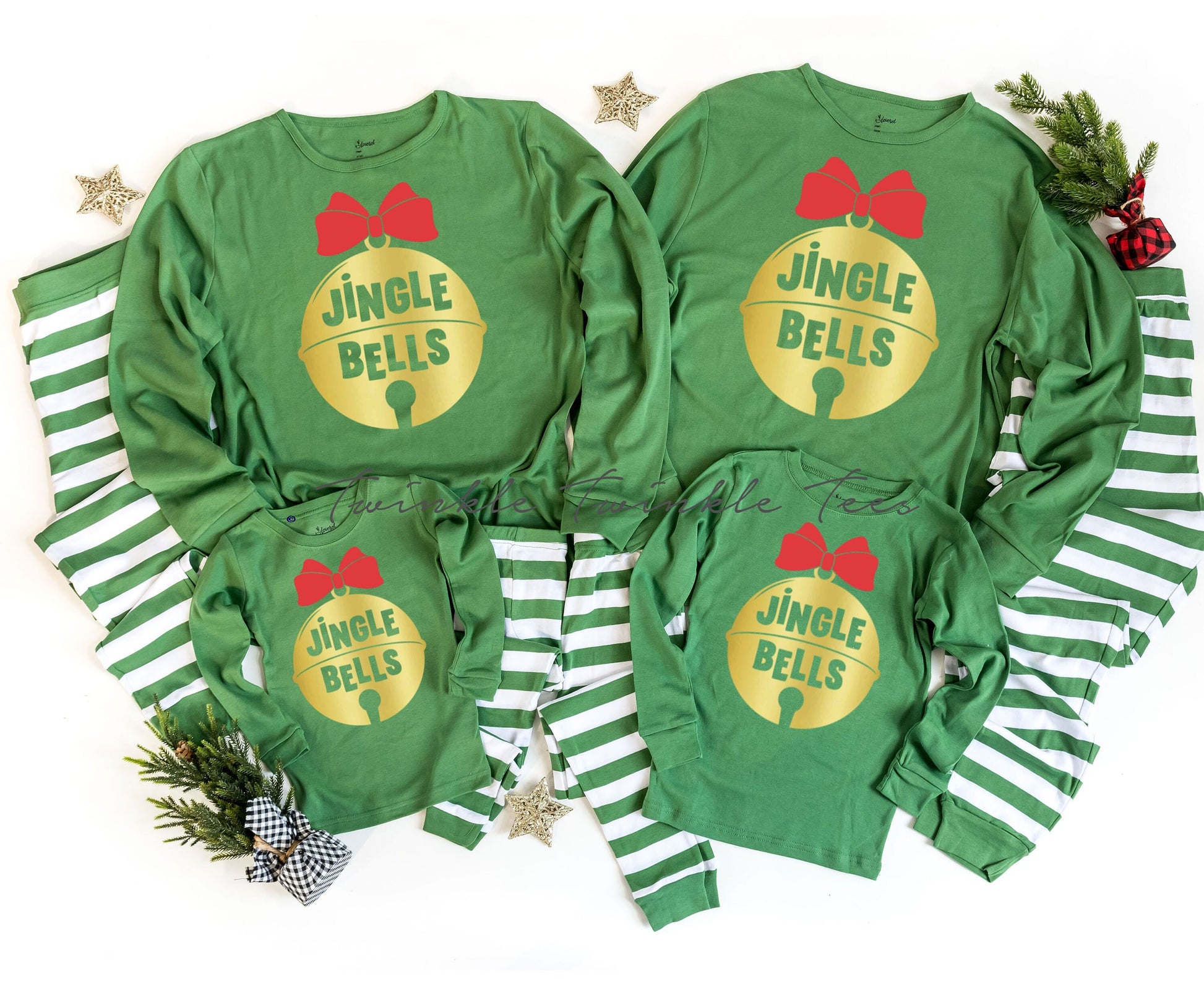 Jingle Bells Green Top Striped Christmas Pajamas