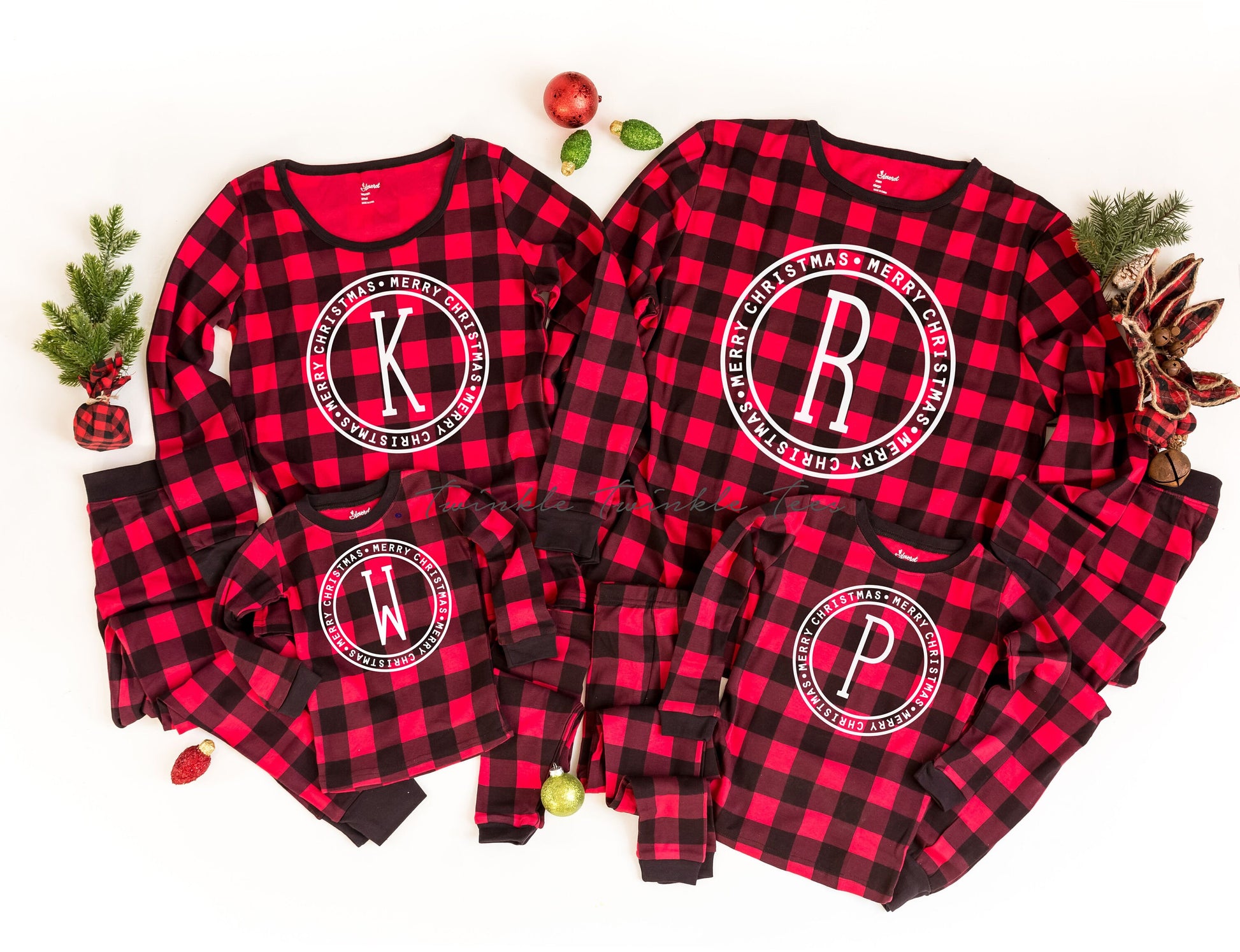 Merry Christmas Monogram Red Plaid Family Christmas Pajamas - women's christmas jammies - matching family christmas pjs