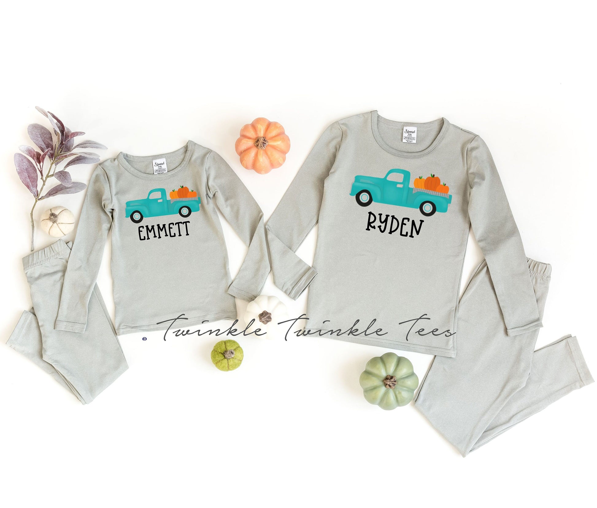 Pumpkin Truck Personalized Grey Thermal Pajamas, thanksgiving pajamas for the family, thermal pajamas, matching thanksgiving pajamas