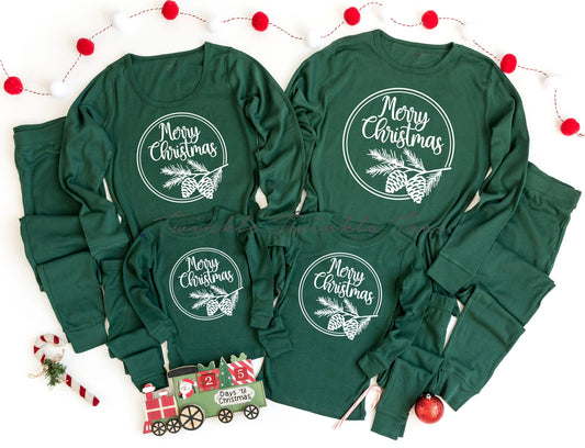 Merry Christmas Pinecone Frame Forest Green Solid Christmas Pajamas
