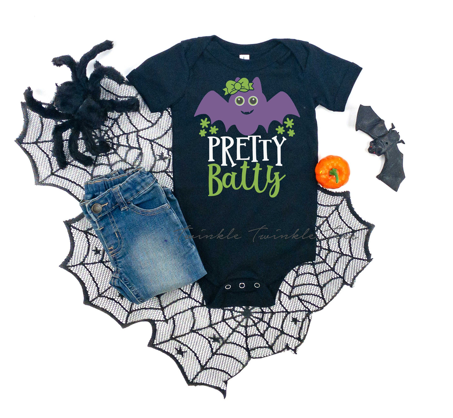 Pretty Batty Halloween Bodysuit - baby halloween - baby girl halloween shirt - girl halloween shirt