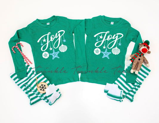 Joy Seashells Green Striped Family Matching Christmas Pajamas - kids christmas pjs - beach christmas