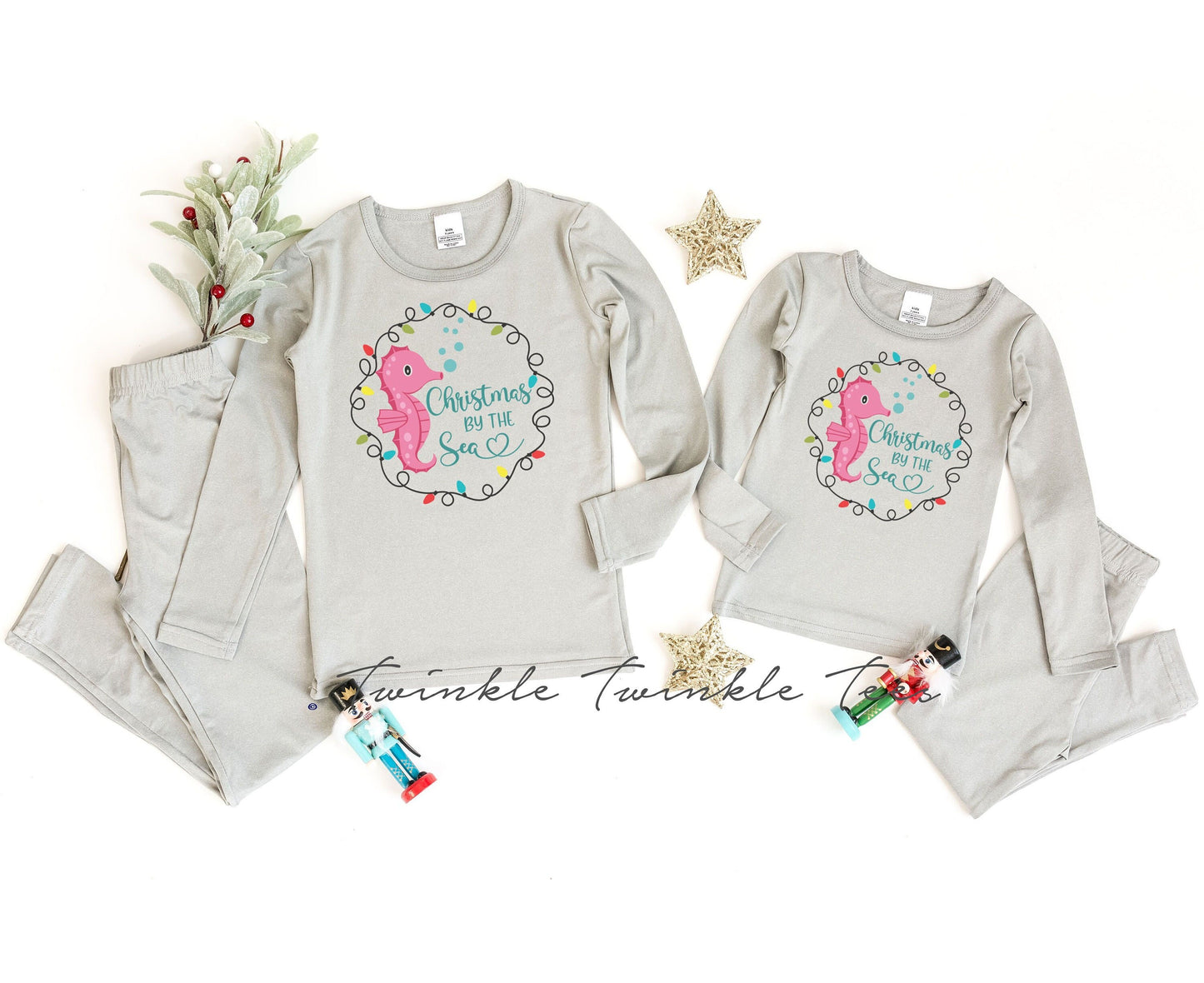 Christmas by the Sea Seahorse Grey Thermal Pajamas, christmas pajamas for the family, thermal pajamas, matching christmas pajamas