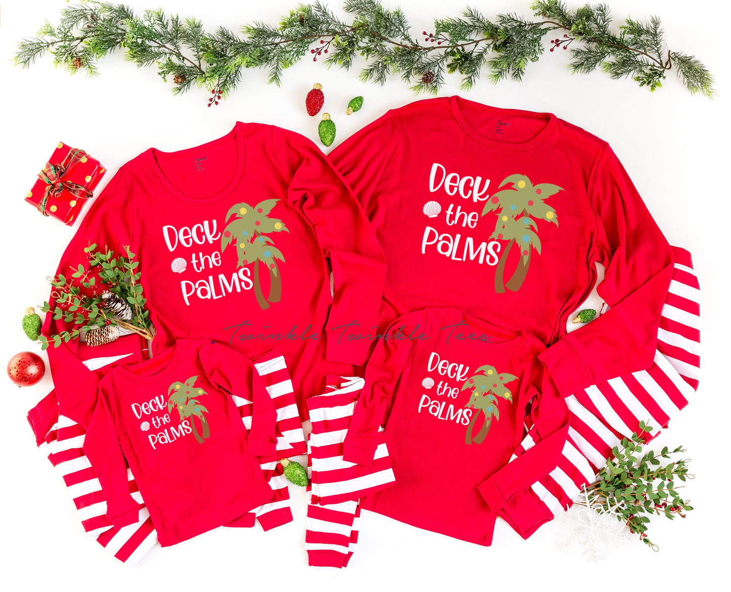 Deck the Palms Red Top Striped Christmas Pajamas - beach christmas - nautical christmas - coastal christmas