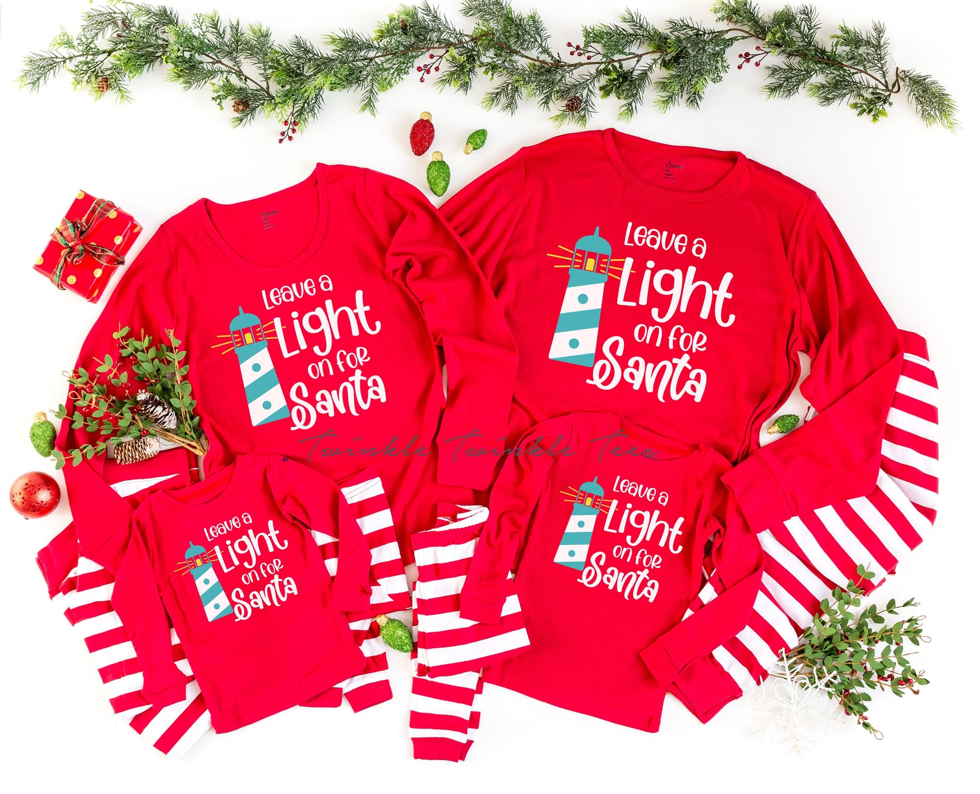Leave a Light on For Santa Red Top Striped Christmas Pajamas - beach christmas - nautical christmas - coastal christmas