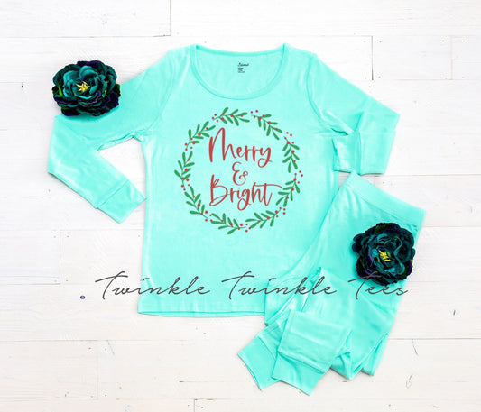 Merry and Bright Wreath Christmas Solid Aqua Christmas Pajamas - women's christmas pajamas - kids christmas pajamas