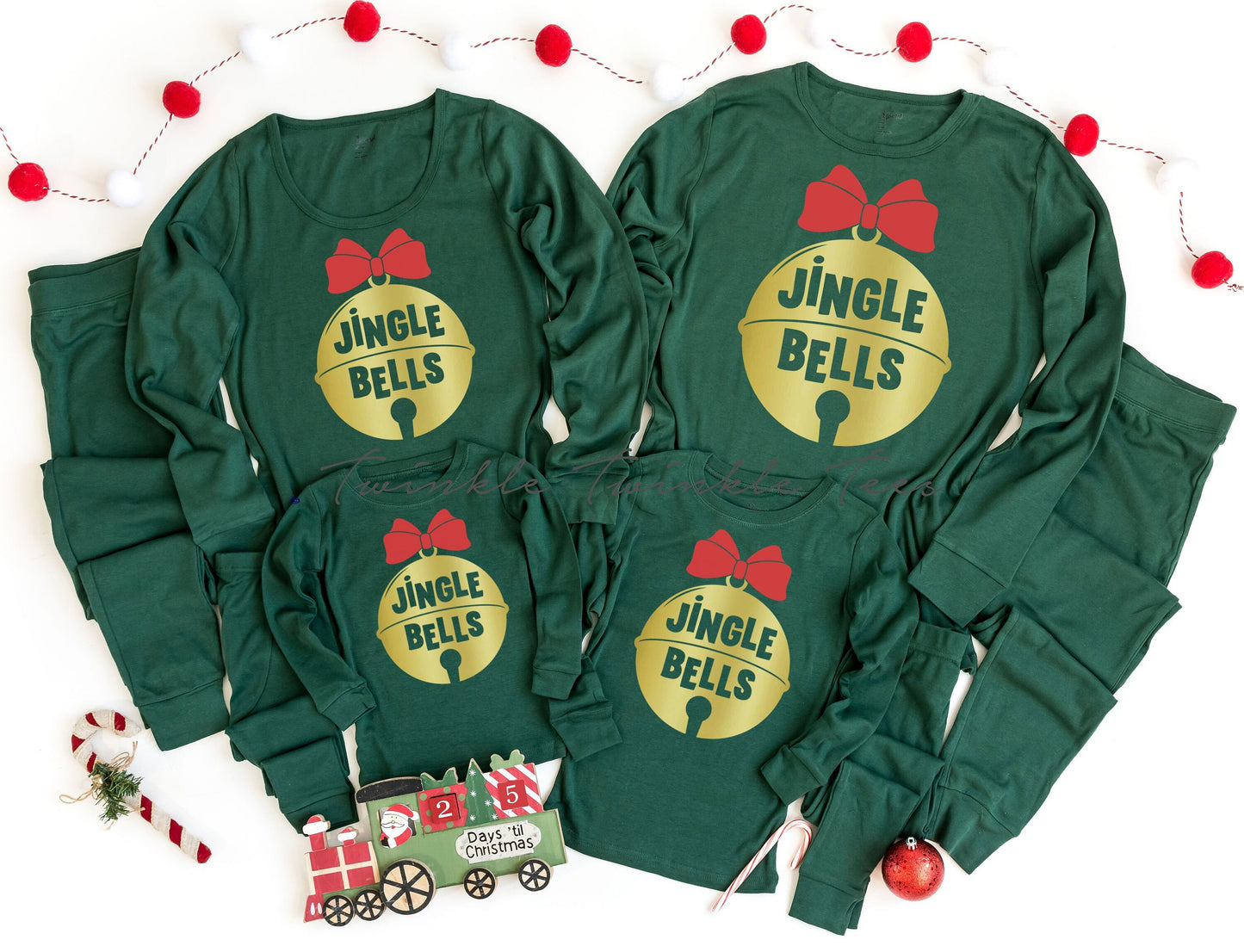 Jingle Bells Forest Green Solid Christmas Pajamas