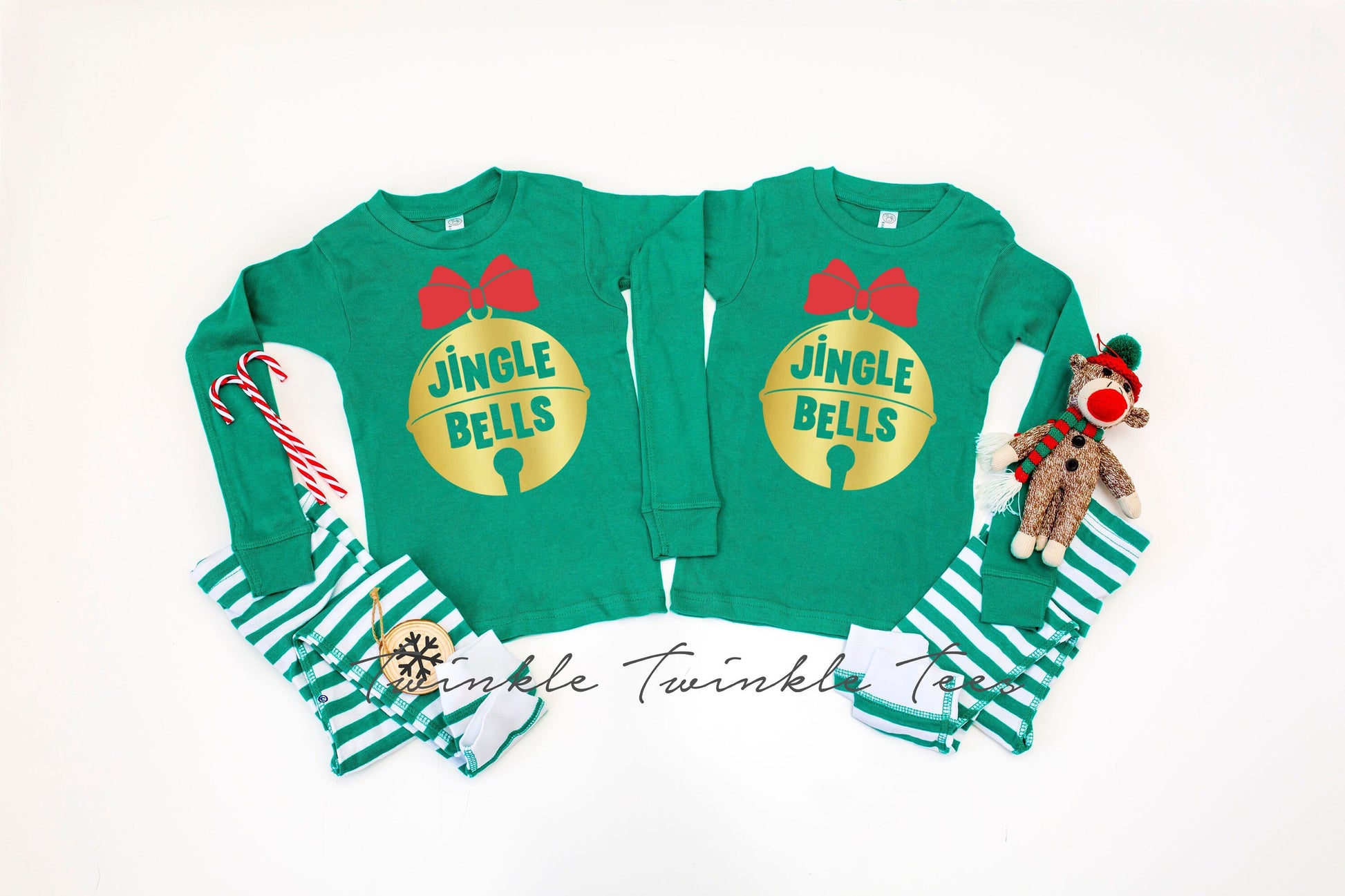 Jingle Bells Green Striped Family Matching Christmas Pajamas - kids christmas pjs
