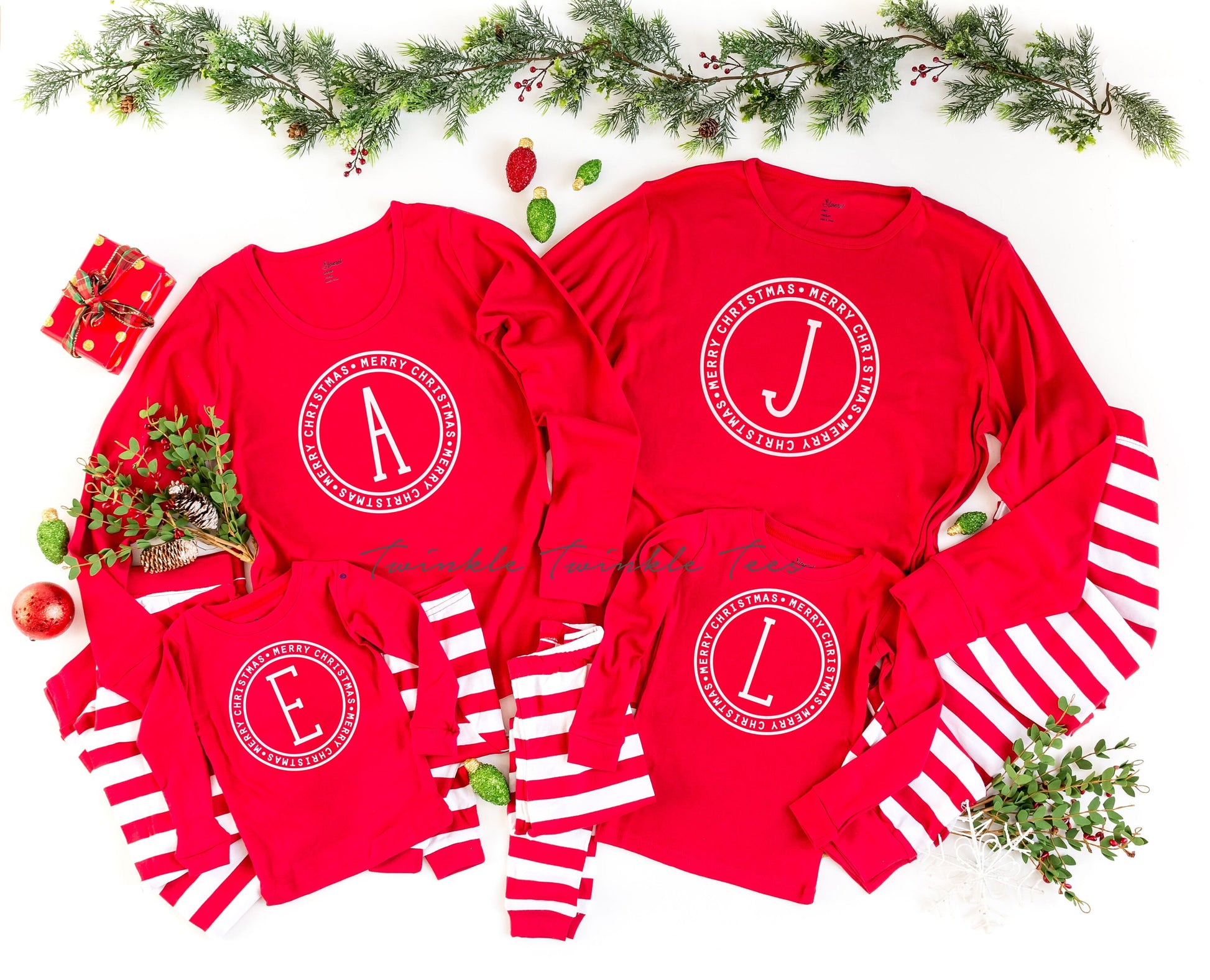 Merry Christmas Monogram Red Top Family Christmas Pajamas - kids christmas pjs - baby christmas pjs - women's christmas jammies - Family PJs