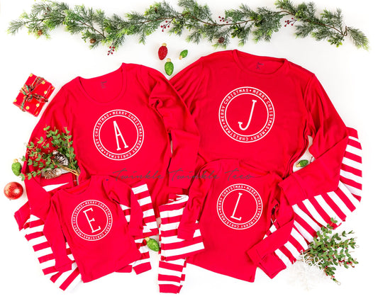 Merry Christmas Monogram Red Top Family Christmas Pajamas - kids christmas pjs - baby christmas pjs - women's christmas jammies - Family PJs