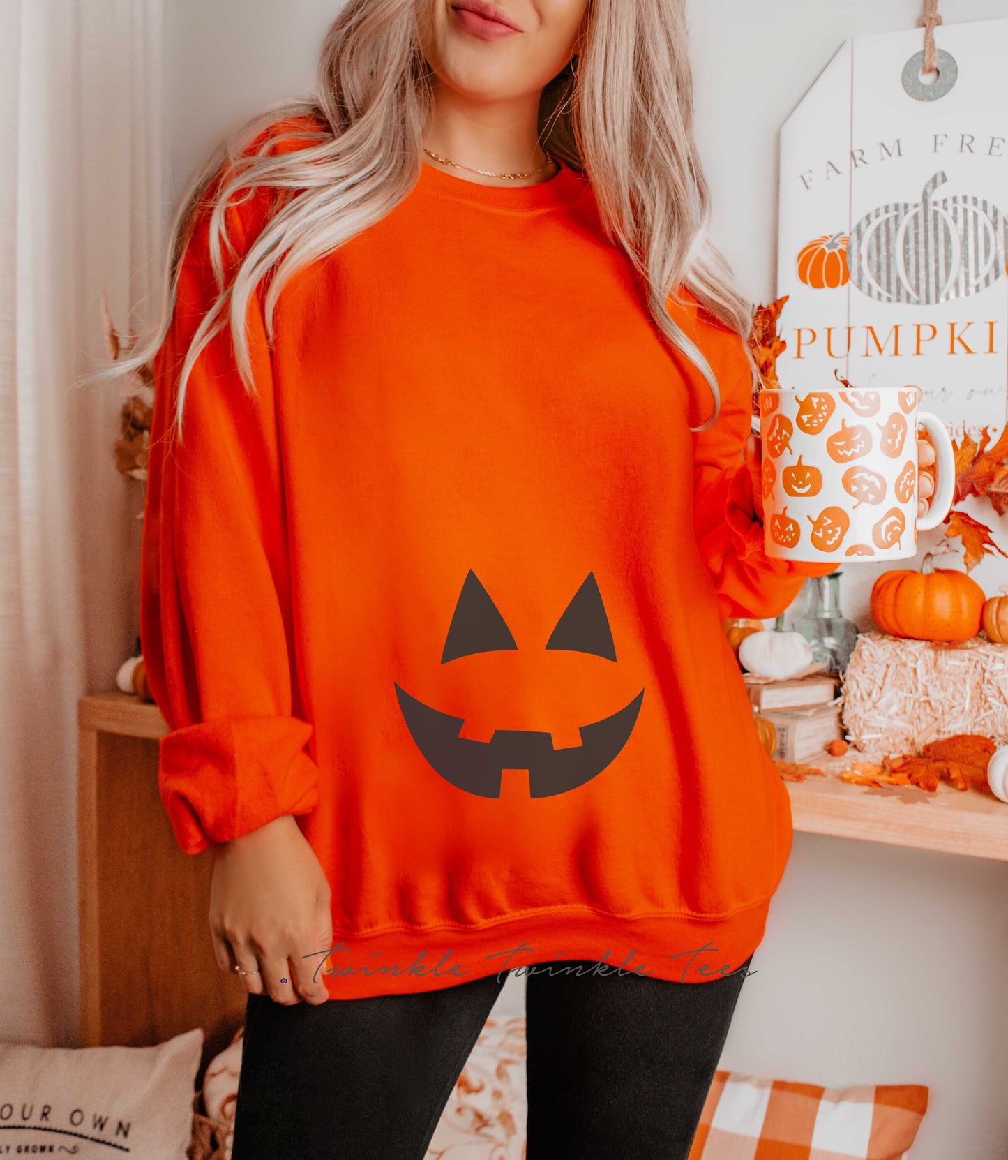 Pregnant Jack O Lantern Women's Crewneck Fleece Pullover Sweatshirt - Halloween Maternity Sweatshirt - Halloween Costume for Pregnant Women