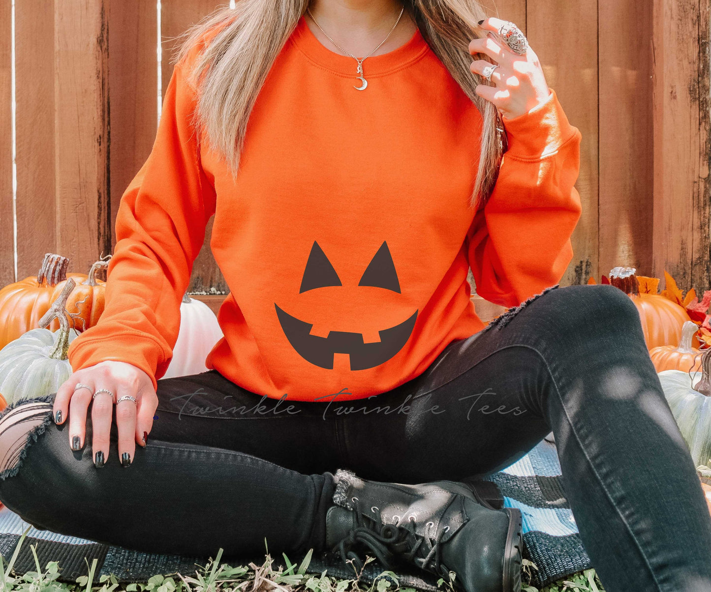 Pregnant Jack O Lantern Women's Crewneck Fleece Pullover Sweatshirt - Halloween Maternity Sweatshirt - Halloween Costume for Pregnant Women