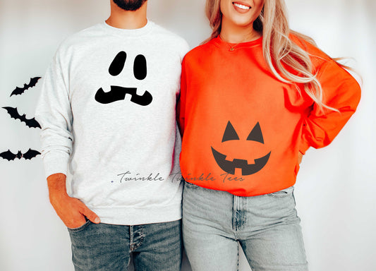 Pregnant Jack O Lantern Couples Crewneck Fleece Pullover Sweatshirts - Halloween Maternity Sweatshirt - Halloween Pregnancy Announcement