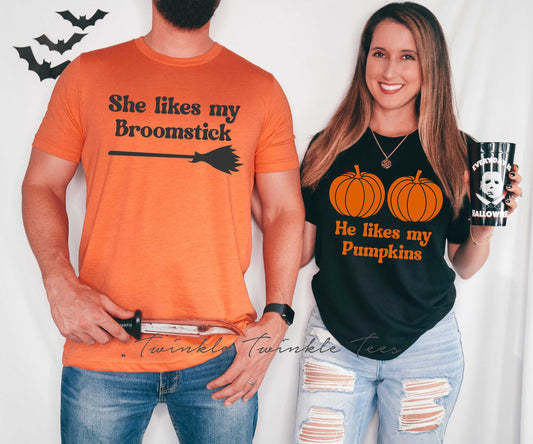 He Likes My Pumpkins She Likes My Broomstick matching couples halloween t-shirts - halloween shirt - halloween t-shirt - halloween party