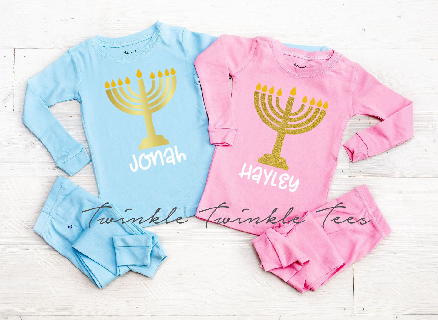 Menorah Light Blue or Pink Chanukah Pajamas, hanukkah family pajamas - women's hanukkah jammies - matching family chanukah pjs