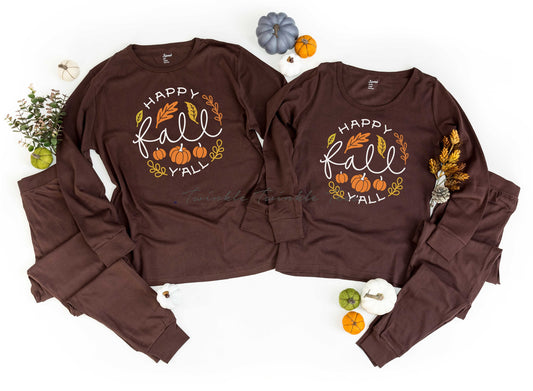 Happy Fall Y'all Brown Thanksgiving Pajamas - cute thanksgiving family pajamas - matching fall pjs - fall pajamas for the family