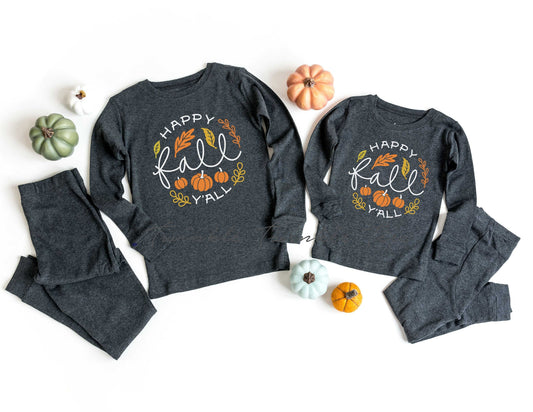 Happy Fall Y'all Dark Grey Thanksgiving Pajamas - cute thanksgiving family pajamas - matching fall pjs - fall pajamas for the family