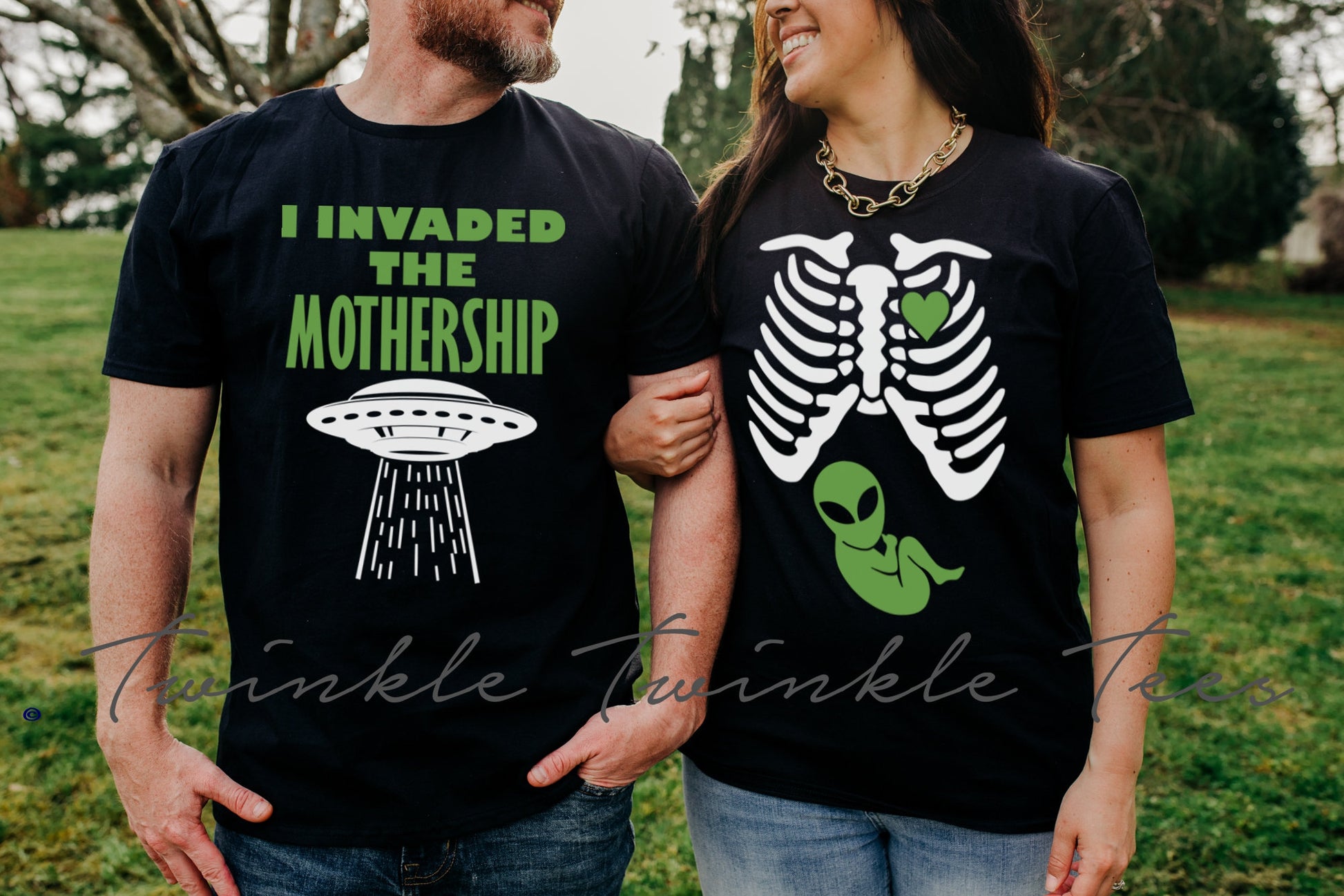 Alien Skeleton Maternity Couples Halloween t-shirts - nerdy pregnancy shirt - nerdy pregnancy announcement - halloween maternity