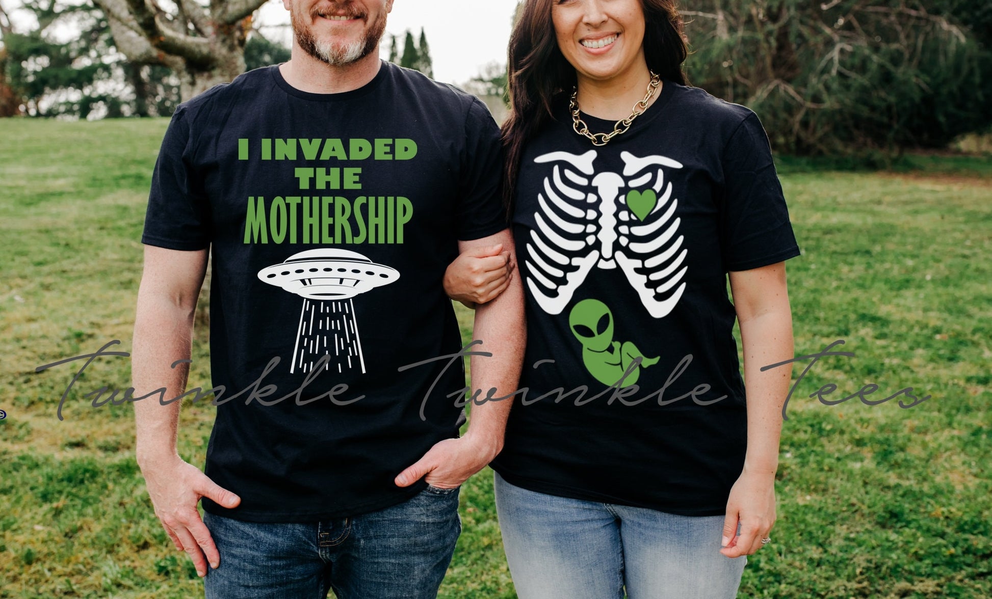 Alien Skeleton Maternity Couples Halloween t-shirts - nerdy pregnancy shirt - nerdy pregnancy announcement - halloween maternity