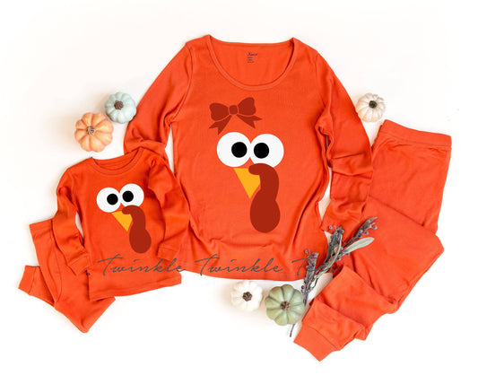 Orange Turkey Face Thanksgiving Pajamas - cute thanksgiving family pajamas - matching fall pjs - fall pajamas - turkey pajamas