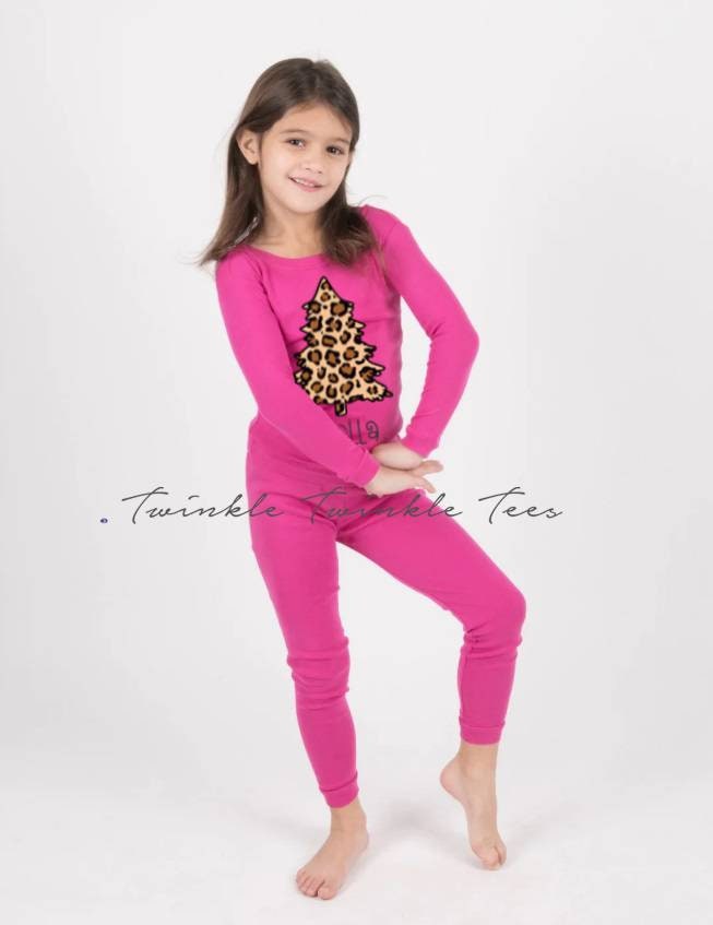 Leopard Print Christmas Tree Personalized Solid Hot Pink Christmas Pajamas - pink christmas - girly christmas