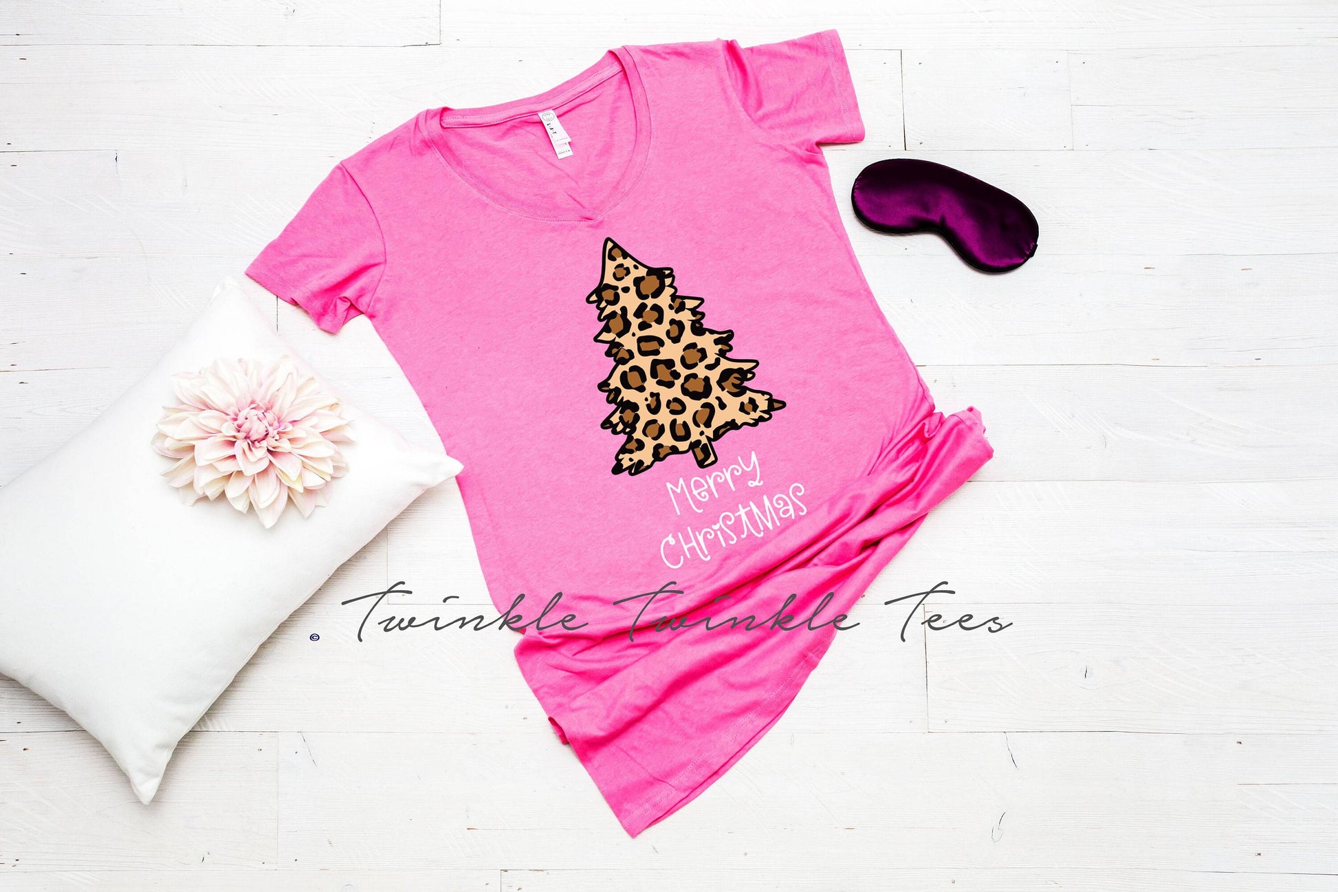 Leopard Print Christmas Tree Personalized Solid Hot Pink Christmas Night Shirt - pink christmas - girly christmas